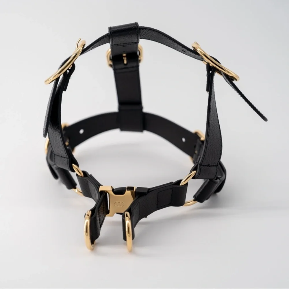 NWB Gucci GG Logo Leather Pet - Dog Black Harness Size L